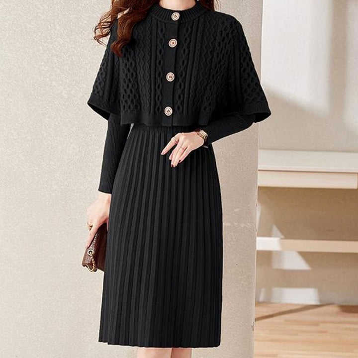Women's Cable-Knit Long Sleeve Sweater Dress Detachable Cape Set - Black