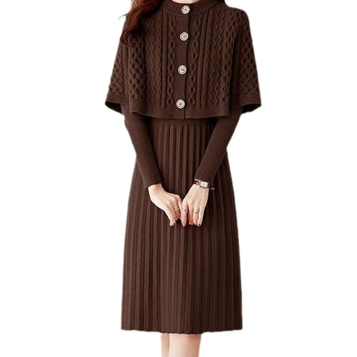 Women's Cable-Knit Long Sleeve Sweater Dress Detachable Cape Set