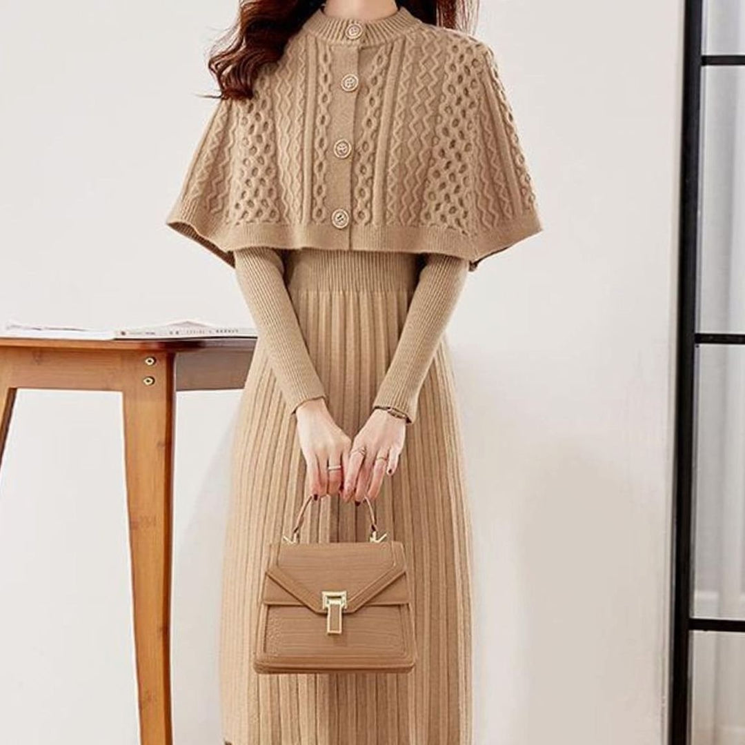 Women's Cable-Knit Long Sleeve Sweater Dress Detachable Cape Set - Khaki