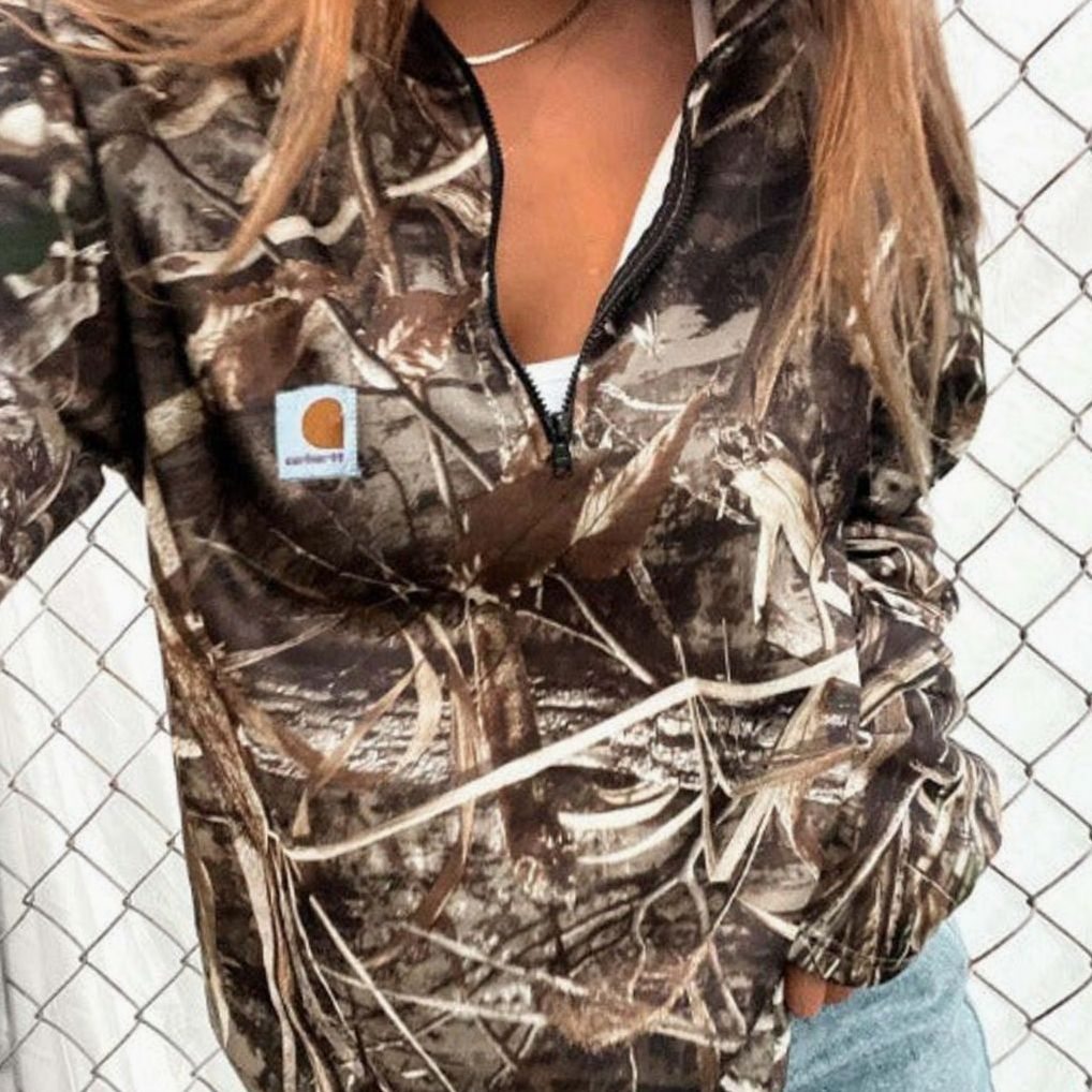 Women's Camo Fleece Half-Zip Hoodie Sweatshirt Kangaroo Pocket - Coffee Brown
