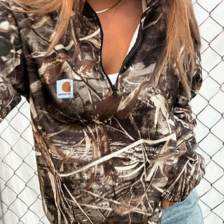 Women's Camo Fleece Half-Zip Hoodie Sweatshirt Kangaroo Pocket - Coffee Brown