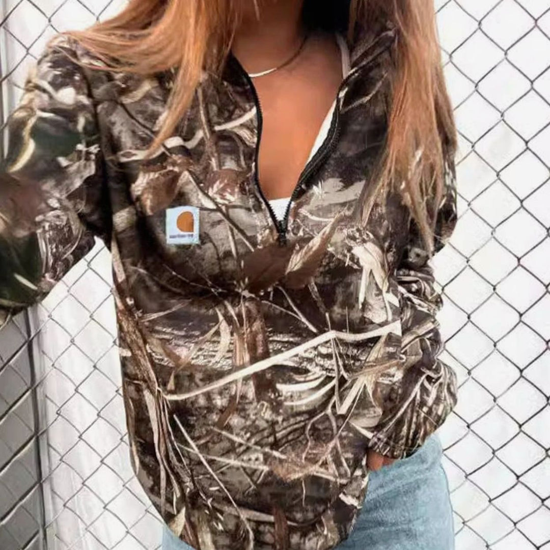 Women's Camo Fleece Half-Zip Hoodie Sweatshirt Kangaroo Pocket