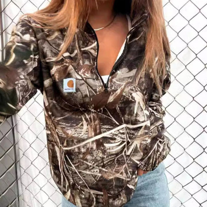 Women's Camo Fleece Half-Zip Hoodie Sweatshirt Kangaroo Pocket