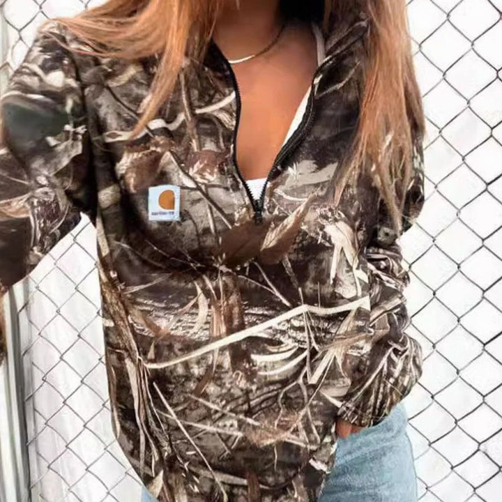 Women's Camo Fleece Half-Zip Hoodie Sweatshirt Kangaroo Pocket