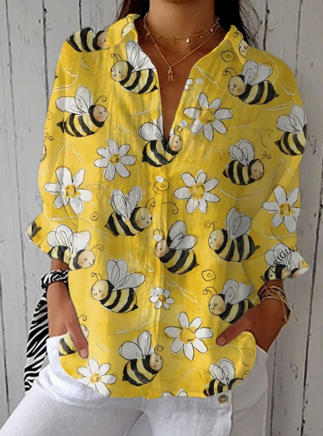 Women's Casual Bee Daisy Print Long Sleeve Blouse - Multicolor