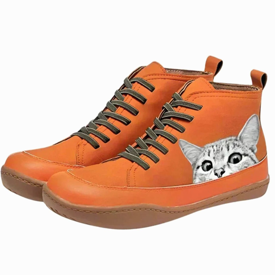 Women's Cat Print Lace-Up Leather Ankle Booties - Orange