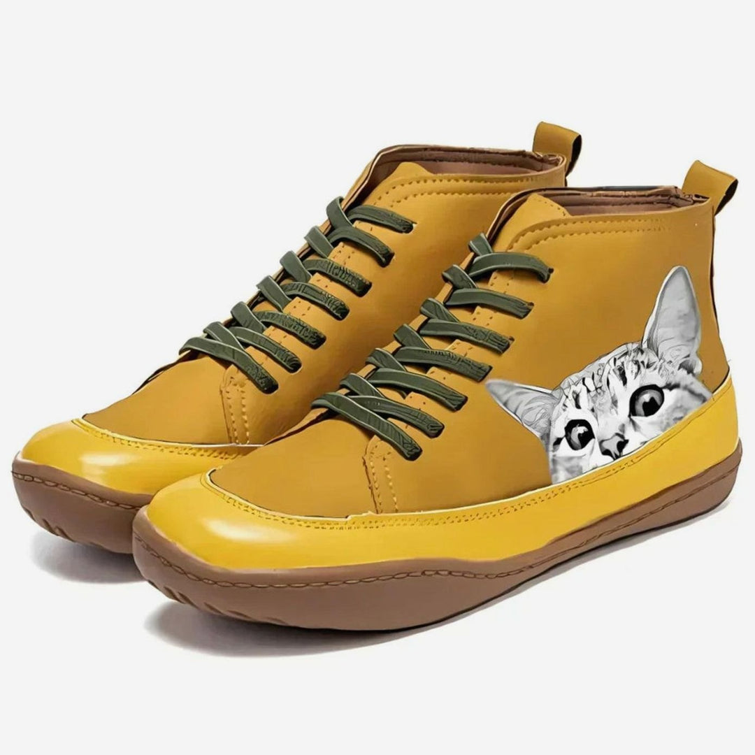 Women's Cat Print Lace-Up Leather Ankle Booties - Yellow