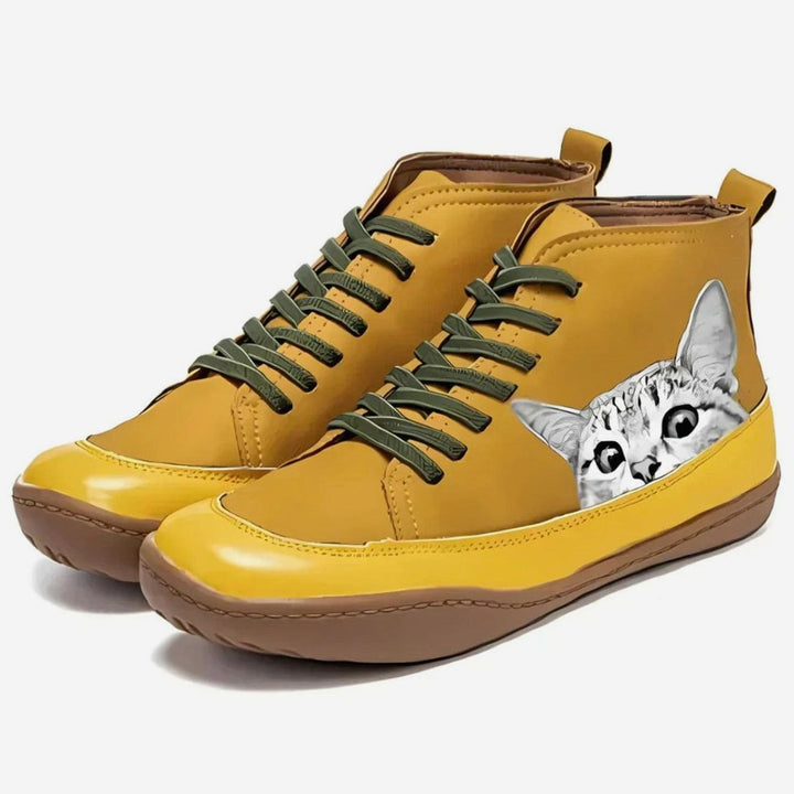 Women's Cat Print Lace-Up Leather Ankle Booties - Yellow