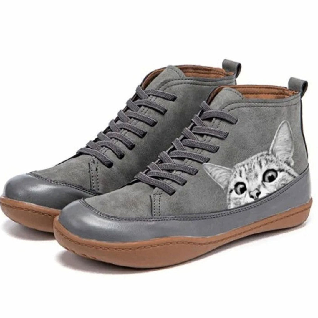 Women's Cat Print Lace-Up Leather Ankle Booties - Gray