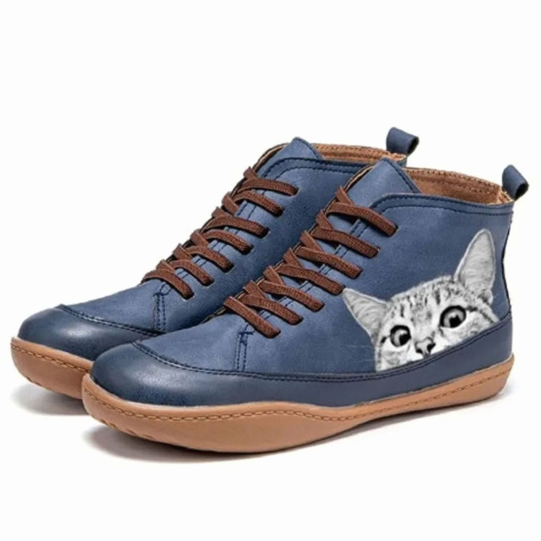 Women's Cat Print Lace-Up Leather Ankle Booties - Blue
