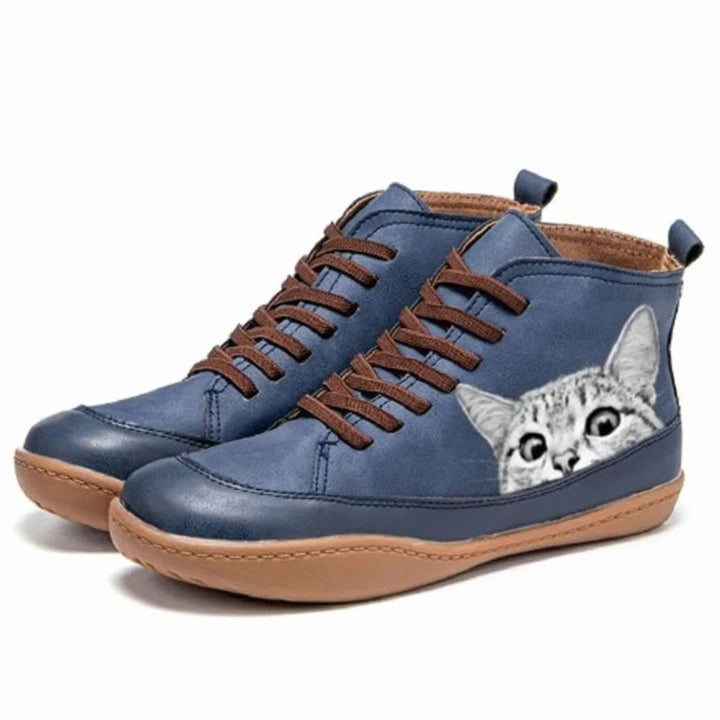 Women's Cat Print Lace-Up Leather Ankle Booties - Blue