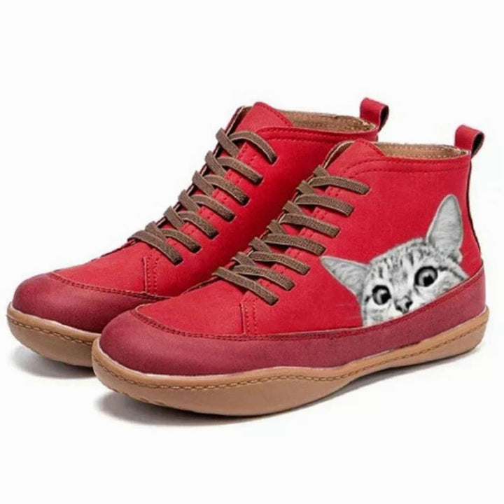 Women's Cat Print Lace-Up Leather Ankle Booties - Red