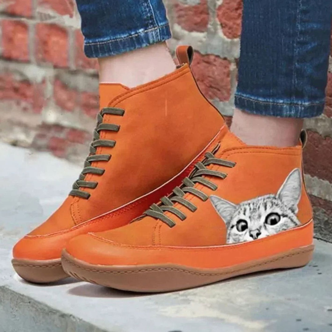 Women's Cat Print Lace-Up Leather Ankle Booties