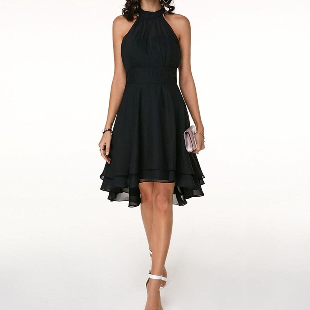 Women's Chiffon Halter-Neck Pleated A-Line Cocktail Dress - Black