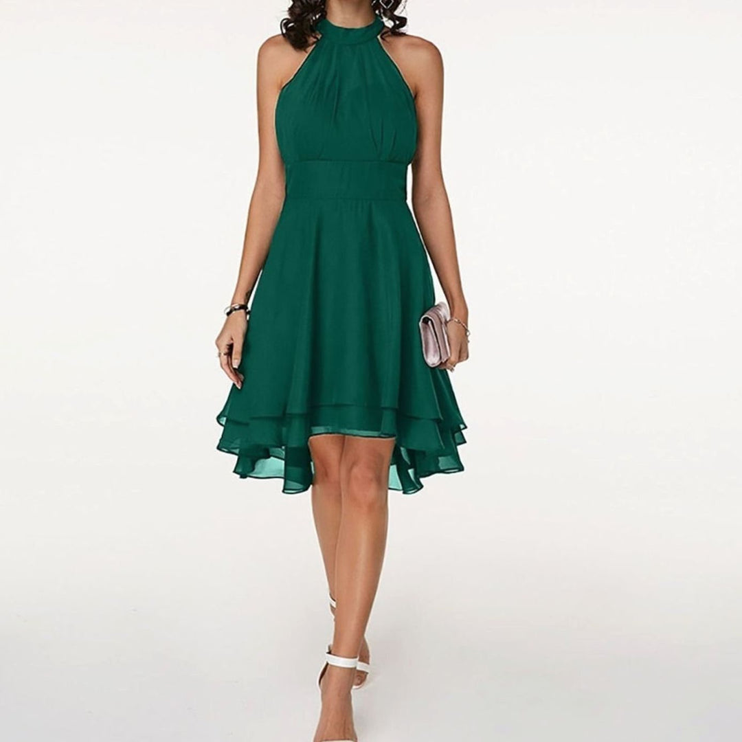 Women's Chiffon Halter-Neck Pleated A-Line Cocktail Dress - Green