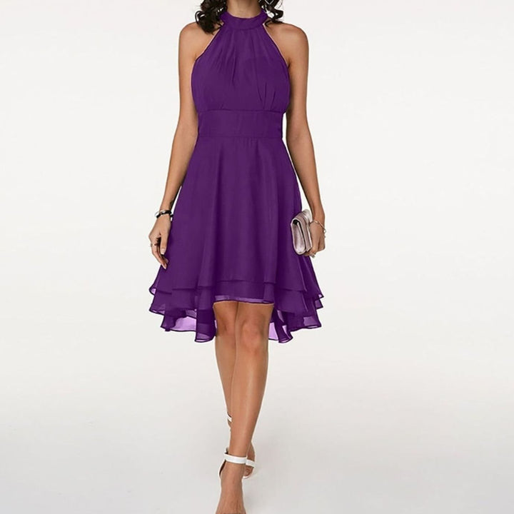 Women's Chiffon Halter-Neck Pleated A-Line Cocktail Dress - Purple
