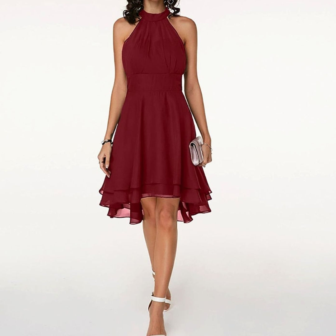 Women's Chiffon Halter-Neck Pleated A-Line Cocktail Dress - Red