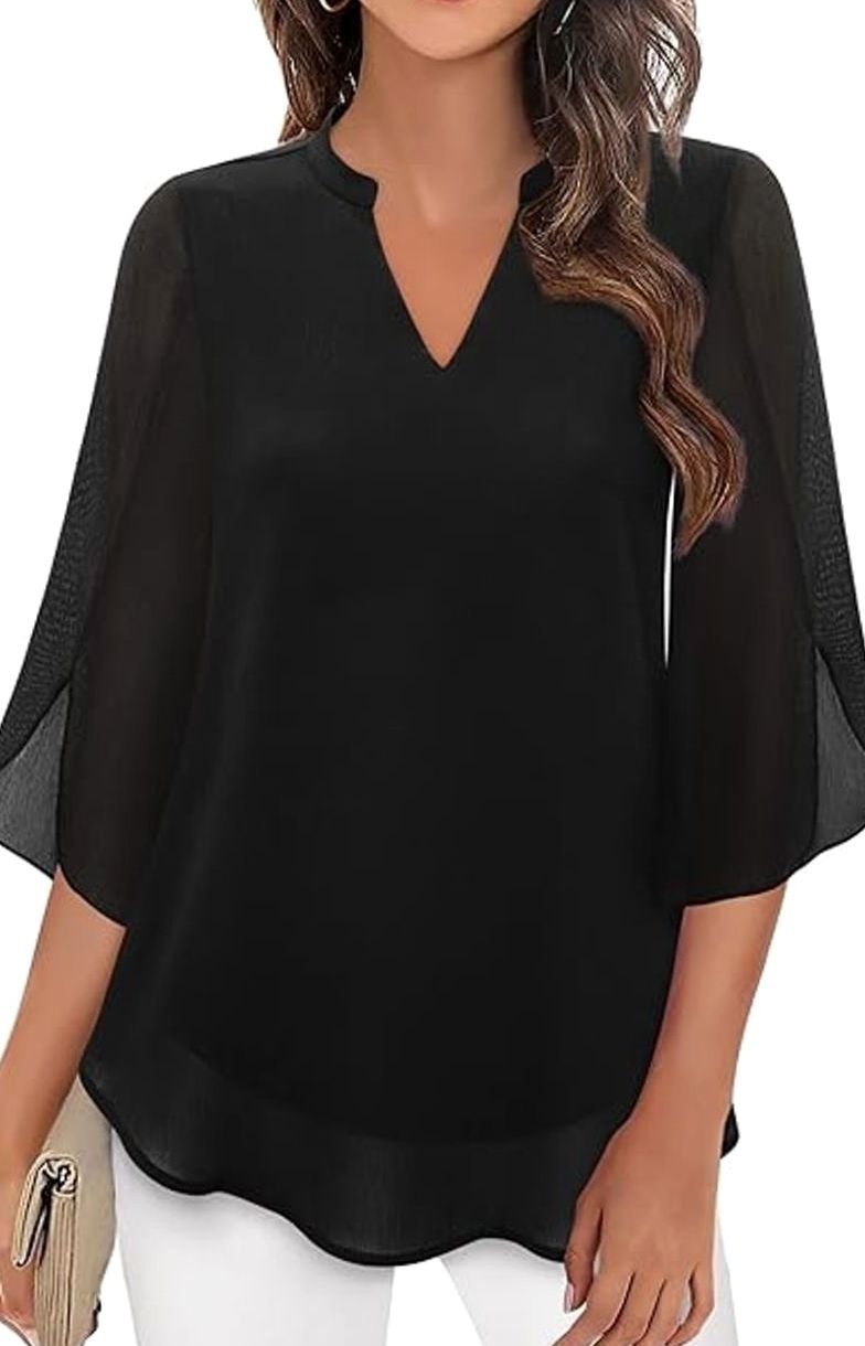 Women's Chiffon V-Neck 3/4 Sleeve Layered Blouse - Black