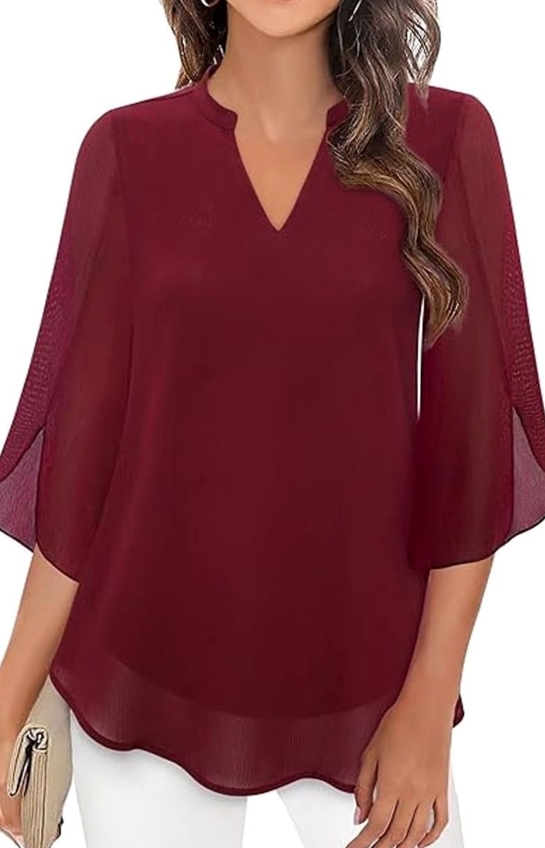 Women's Chiffon V-Neck 3/4 Sleeve Layered Blouse - Coral