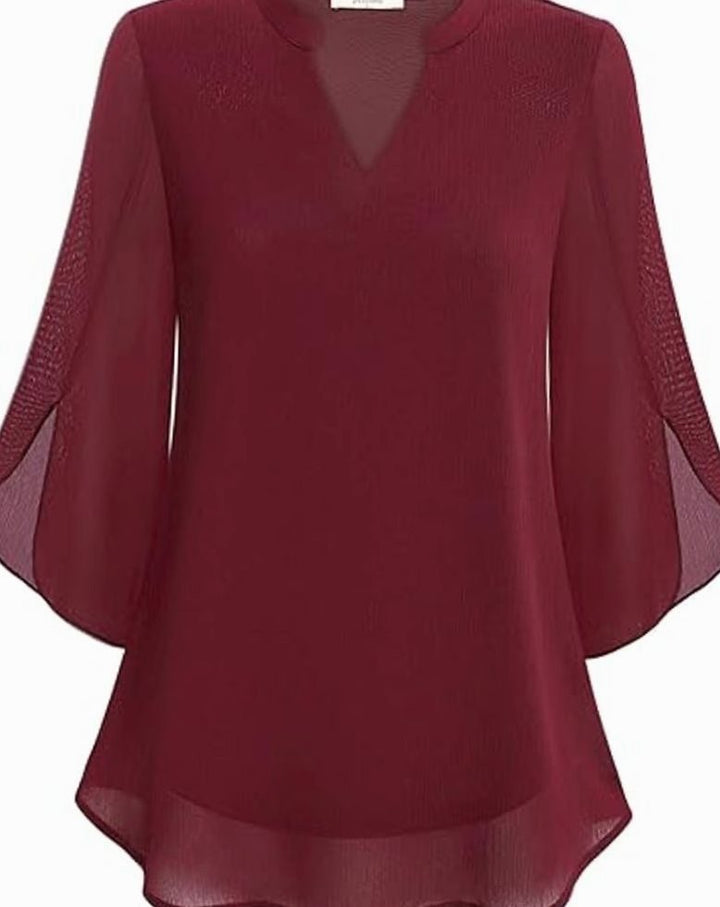 Women's Chiffon V-Neck 3/4 Sleeve Layered Blouse