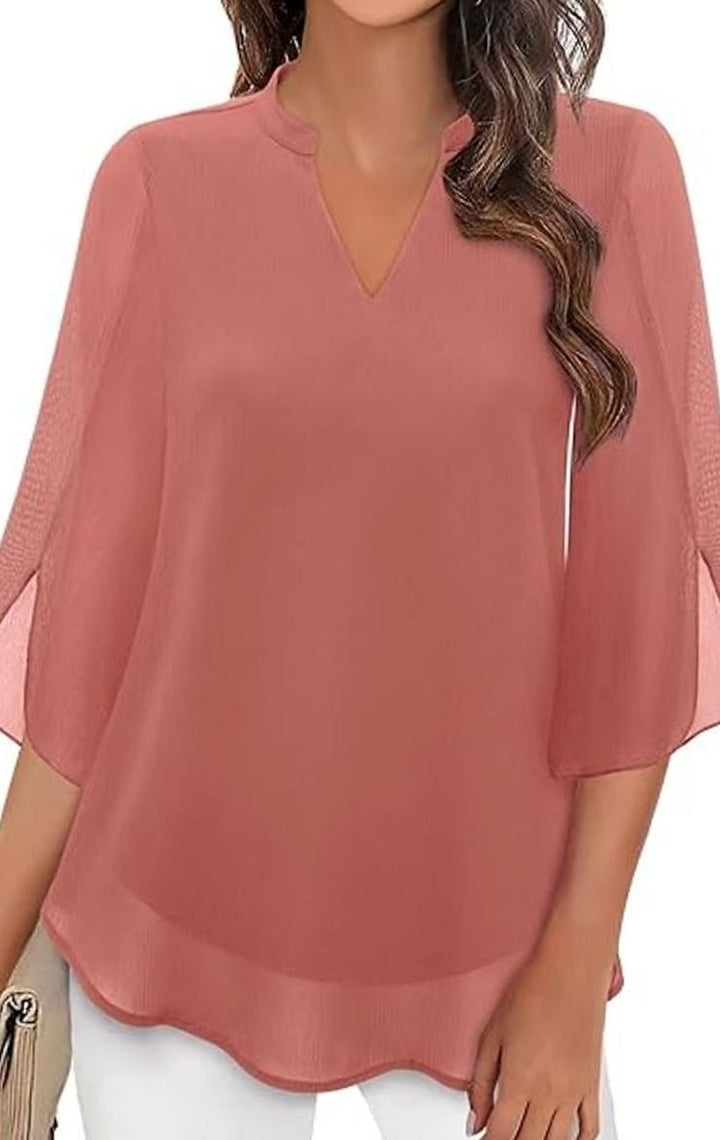Women's Chiffon V-Neck 3/4 Sleeve Layered Blouse - Pink