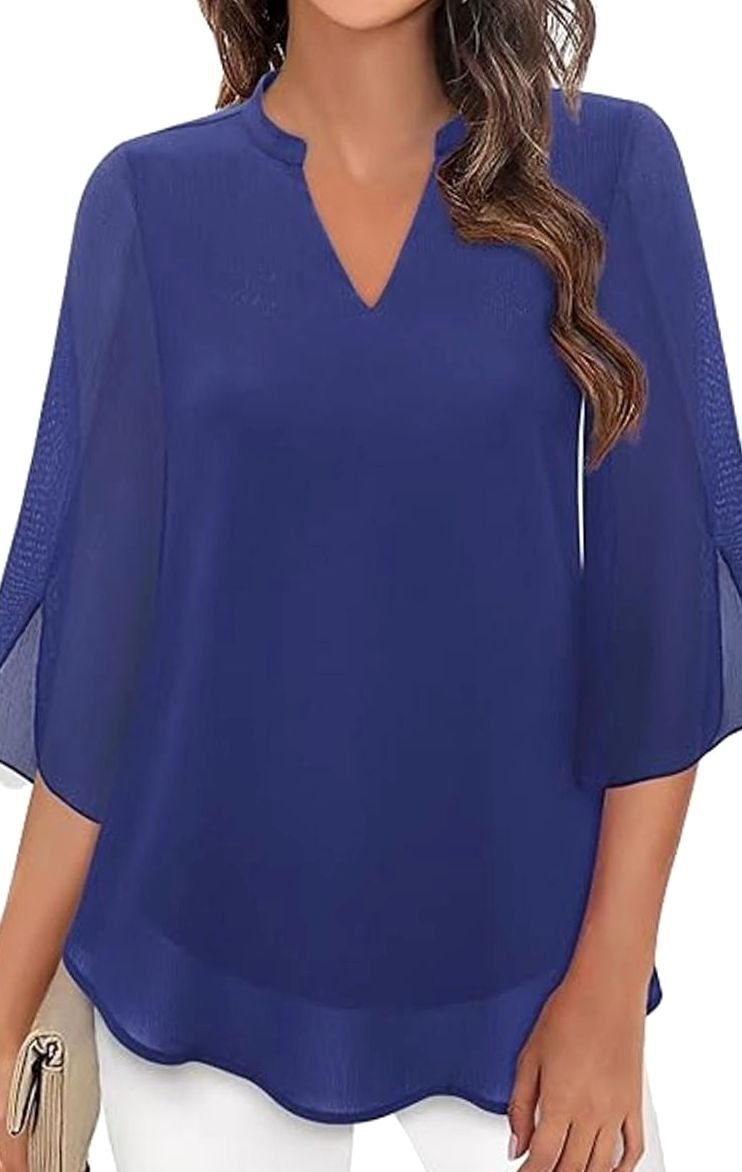 Women's Chiffon V-Neck 3/4 Sleeve Layered Blouse - Blue