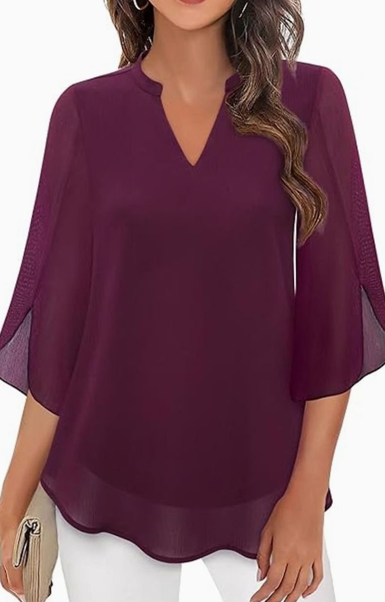 Women's Chiffon V-Neck 3/4 Sleeve Layered Blouse - Turquoise