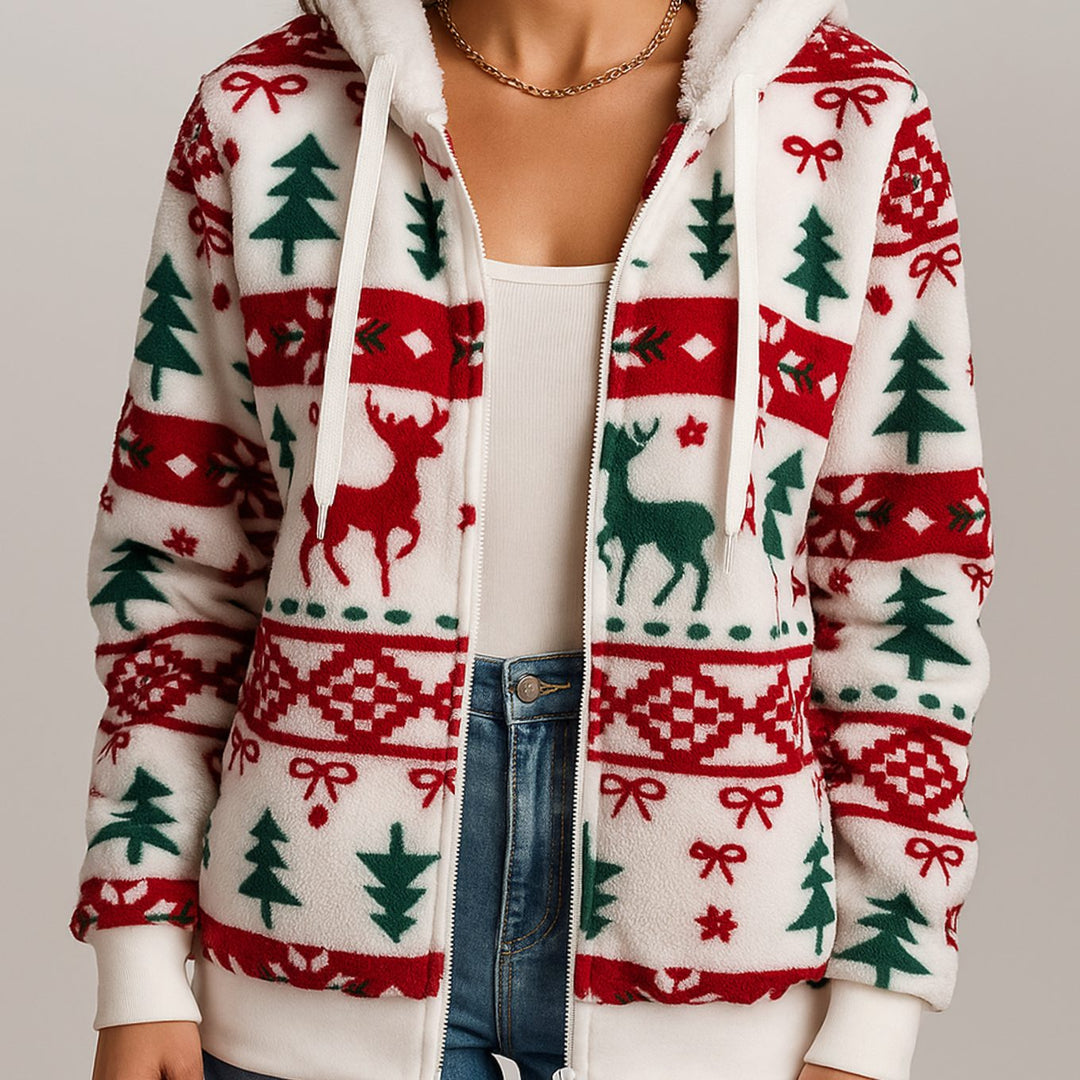 Women's Christmas Fleece Zip-Up Hoodie Jacket Festive Print - White