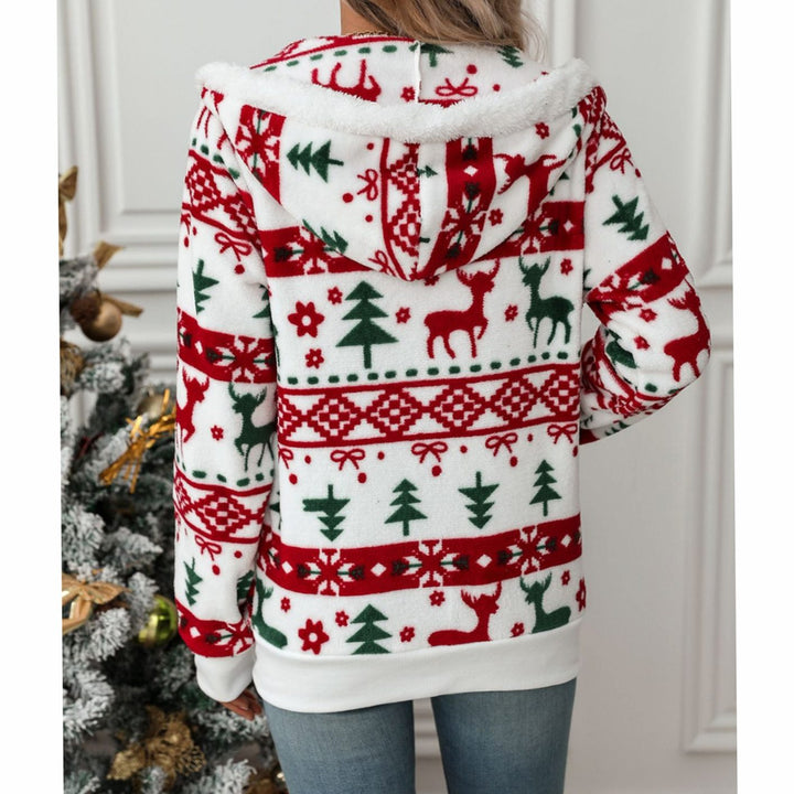 Women's Christmas Fleece Zip-Up Hoodie Jacket Festive Print