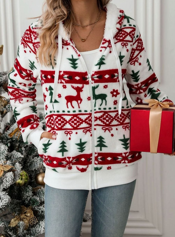 Women's Christmas Hoodie Zip-Up Fleece Reindeer Sweatshirt - Red