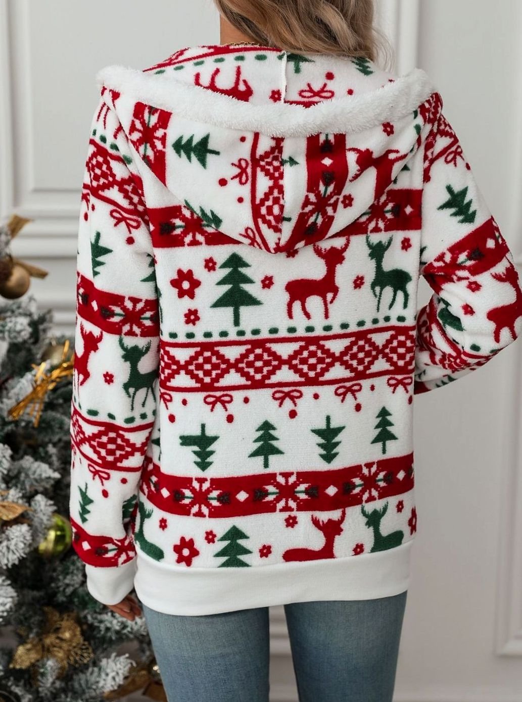 Women's Christmas Hoodie Zip-Up Fleece Reindeer Sweatshirt