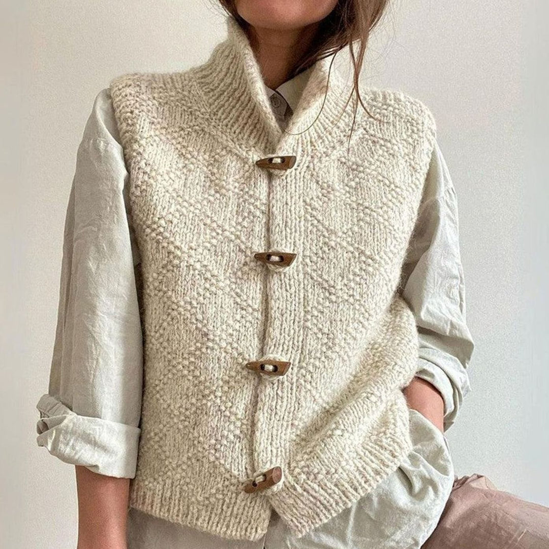Women's Chunky Knit Mock-Neck Sleeveless Sweater Vest Wood-Button, Beige - Beige