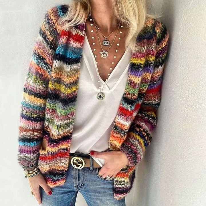 Women's Chunky Knit Open-Front Multicolor Striped Cardigan - Red
