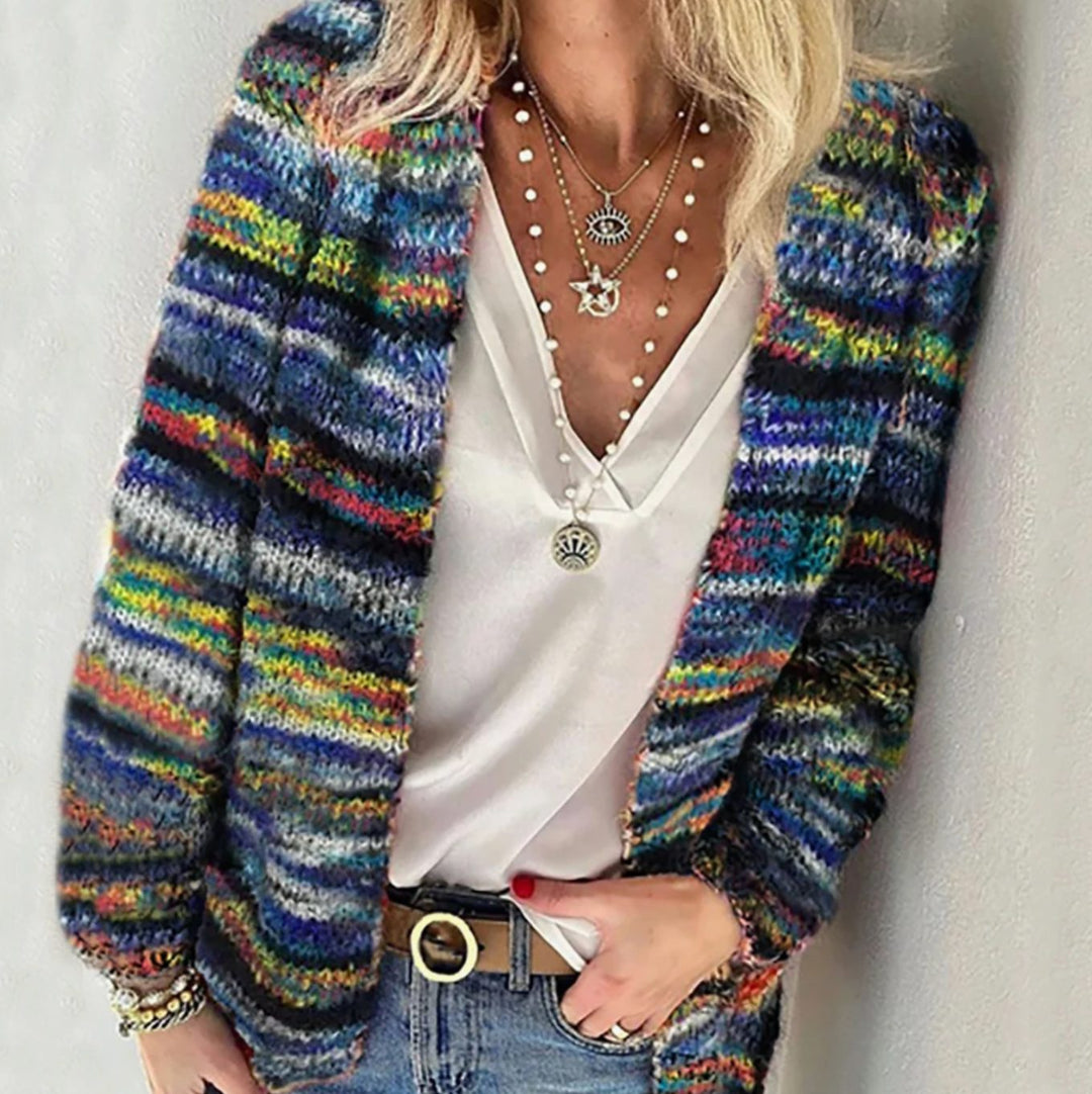 Women's Chunky Knit Open-Front Multicolor Striped Cardigan - Blue