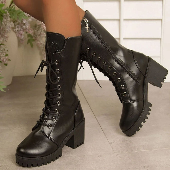 Women's Chunky Platform Mid-Calf Lace-Up Combat Boots