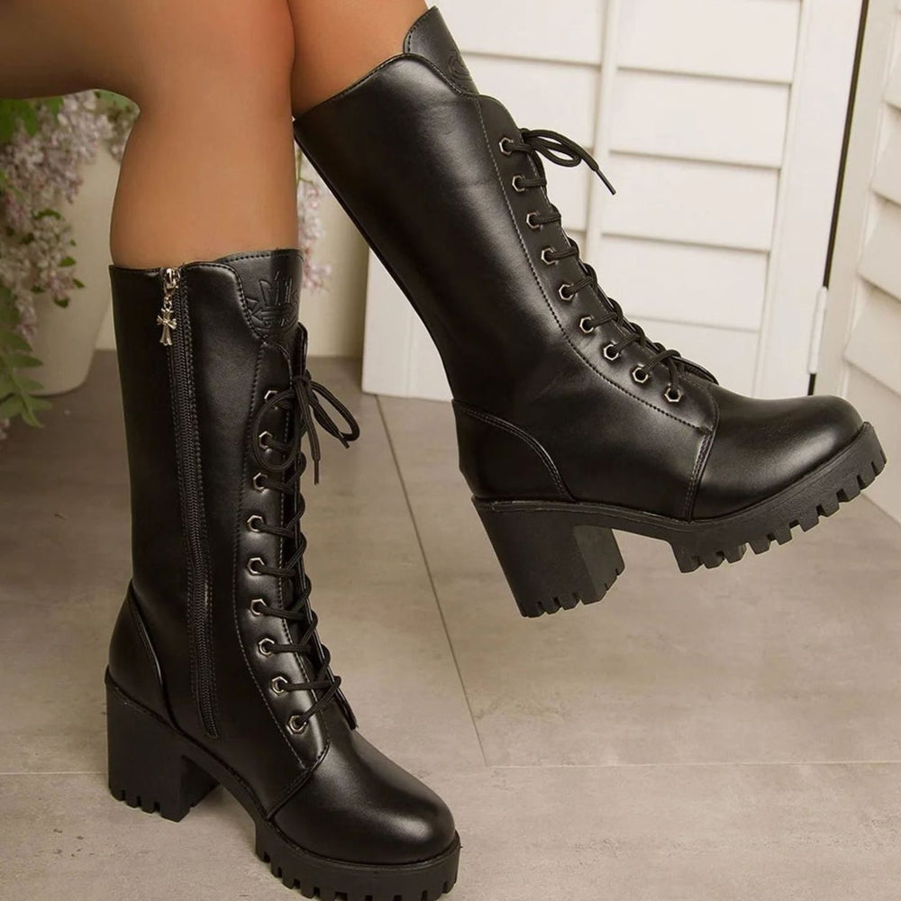 Women's Chunky Platform Mid-Calf Lace-Up Combat Boots - Black