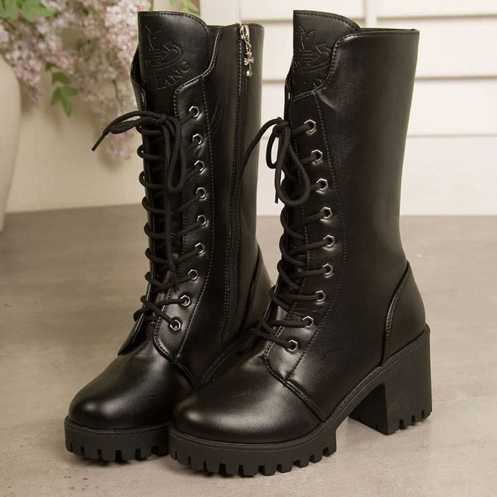 Women's Chunky Platform Mid-Calf Lace-Up Combat Boots