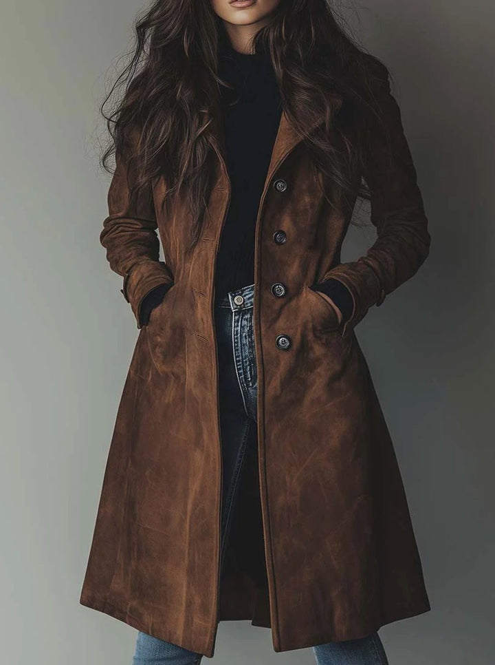 Women's Classic Double-Breasted Suede Trench Coat - Brown