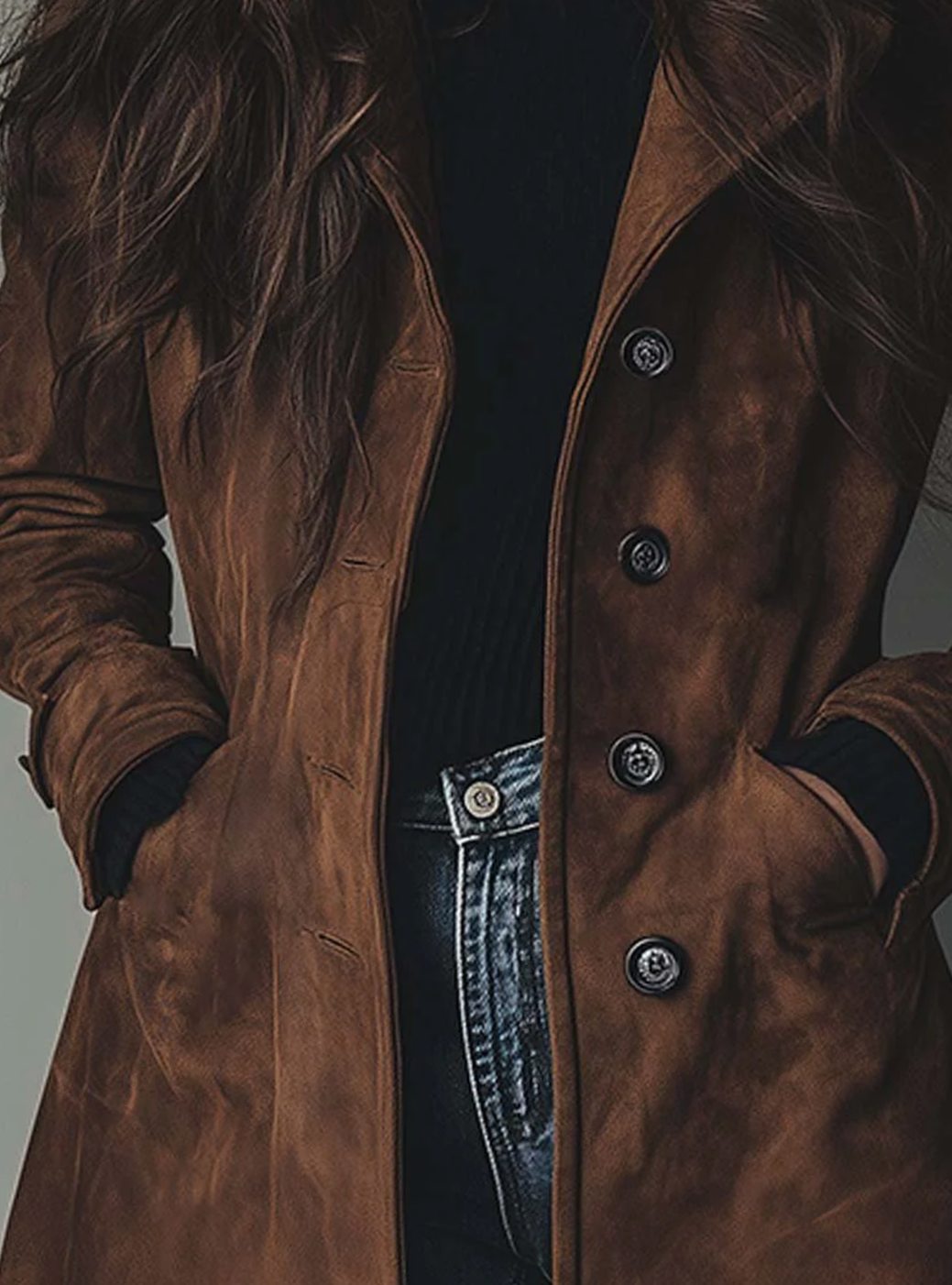 Women's Classic Double-Breasted Suede Trench Coat