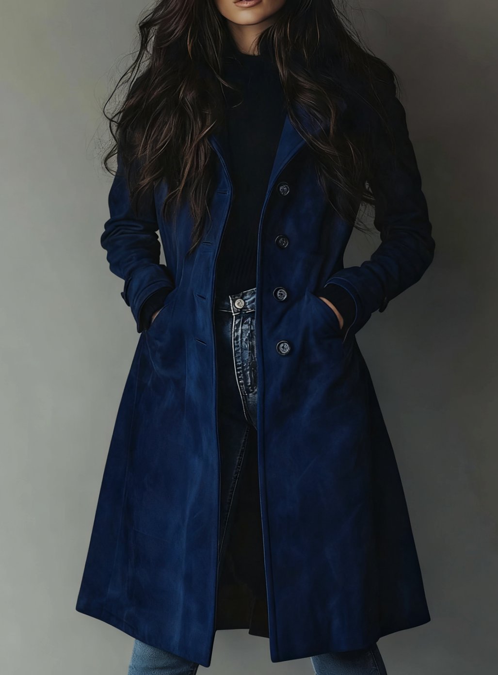 Women's Classic Double-Breasted Suede Trench Coat - Dark Blue