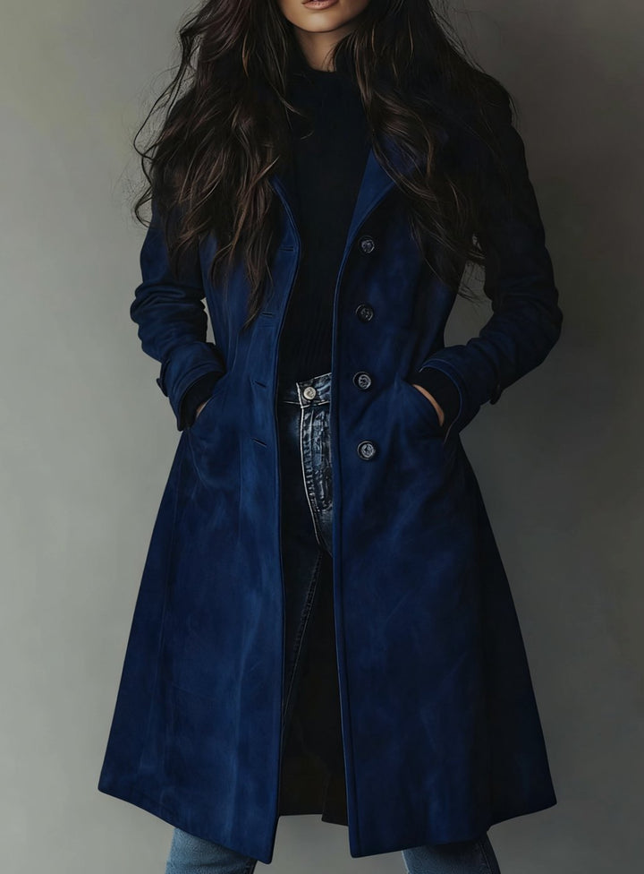 Women's Classic Double-Breasted Suede Trench Coat - Dark Blue