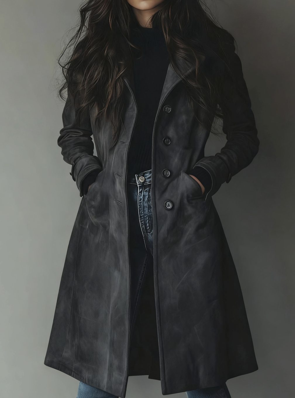 Women's Classic Double-Breasted Suede Trench Coat - Dark Grey