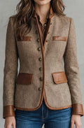 Scarlett | Women's Classic Herringbone Tweed Blazer Leather-Trim Jacket