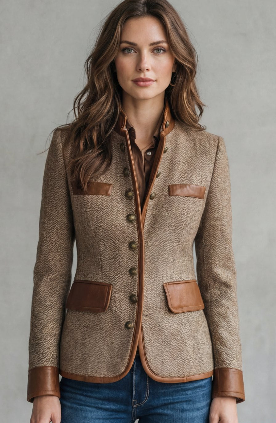 Women's Classic Herringbone Tweed Blazer Leather-Trim Jacket