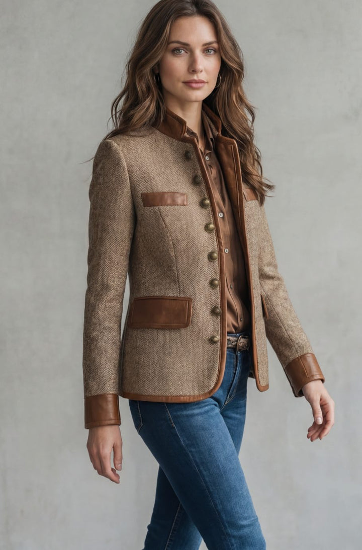 Women's Classic Herringbone Tweed Blazer Leather-Trim Jacket