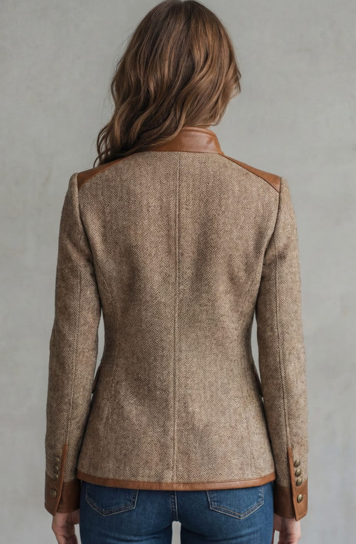 Women's Classic Herringbone Tweed Blazer Leather-Trim Jacket