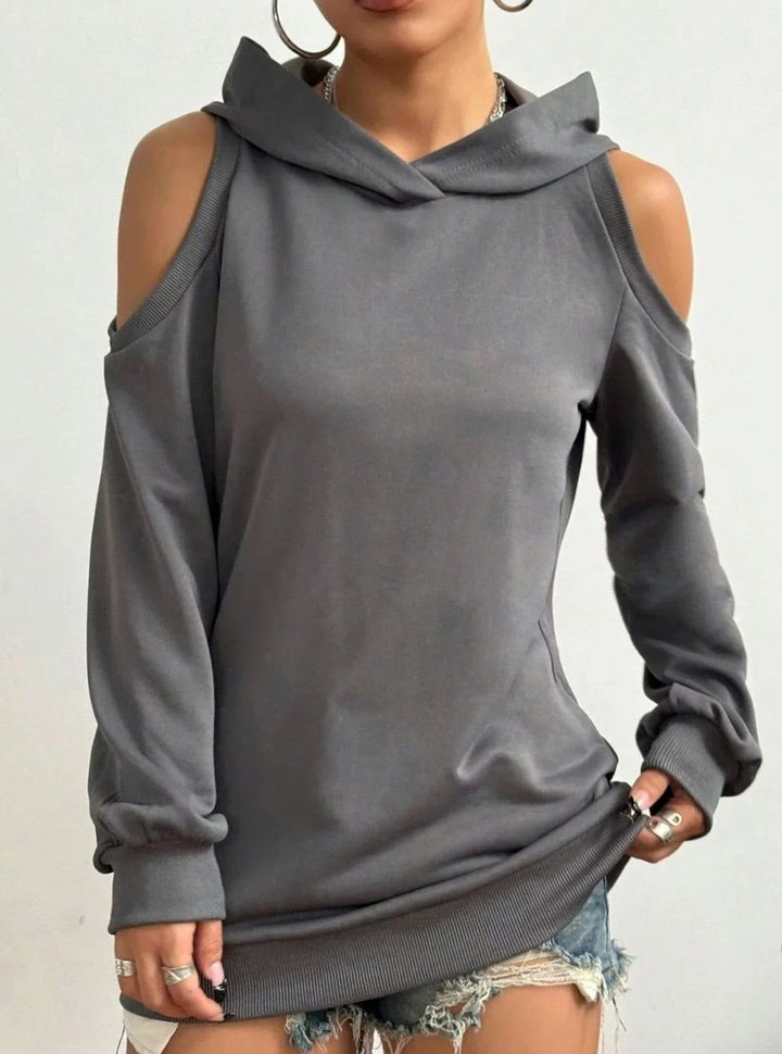 Women's Cold-Shoulder Hooded Sweatshirt Ribbed-Trim Pullover - Gray