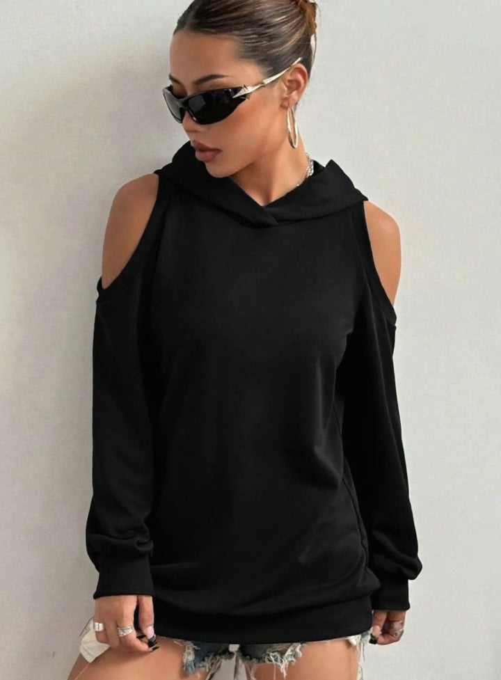 Women's Cold-Shoulder Hooded Sweatshirt Ribbed-Trim Pullover