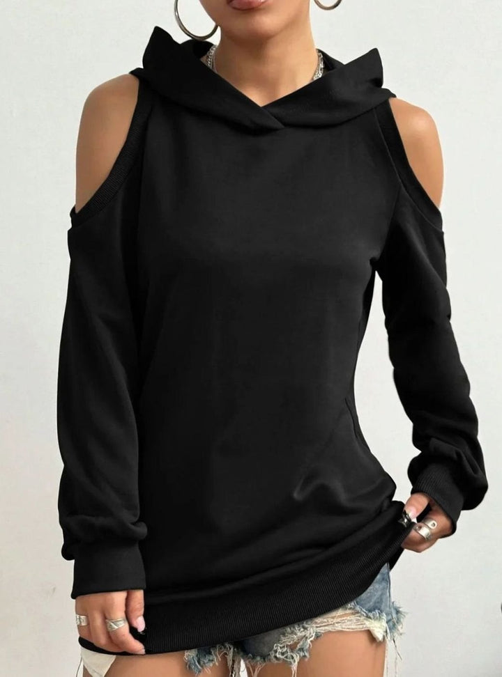 Women's Cold-Shoulder Hooded Sweatshirt Ribbed-Trim Pullover - Black
