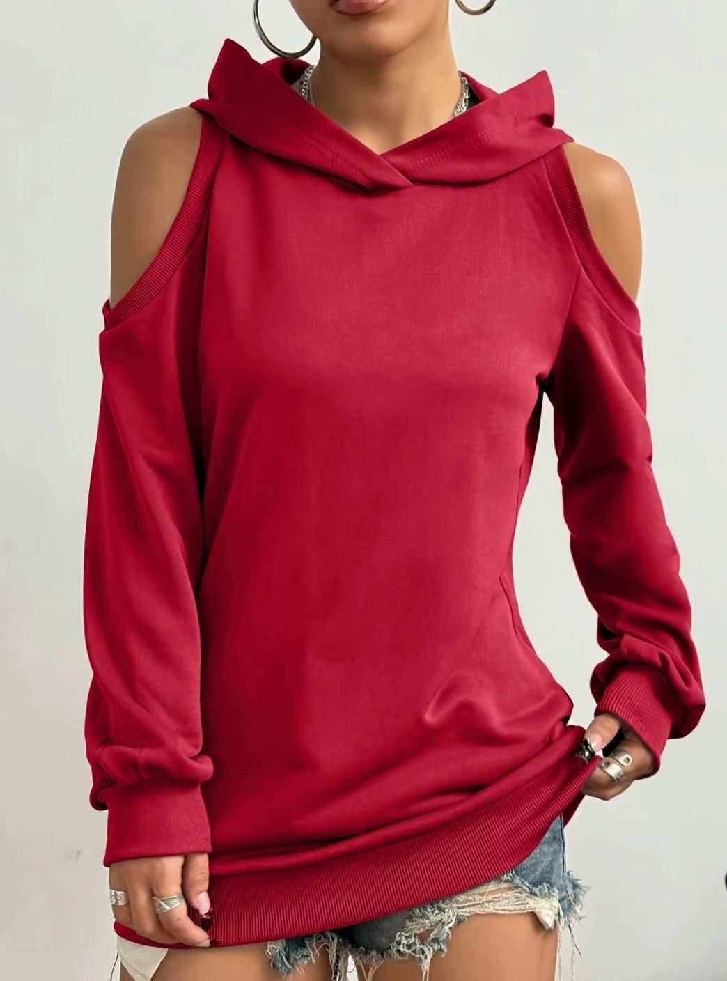 Women's Cold-Shoulder Hooded Sweatshirt Ribbed-Trim Pullover - Red